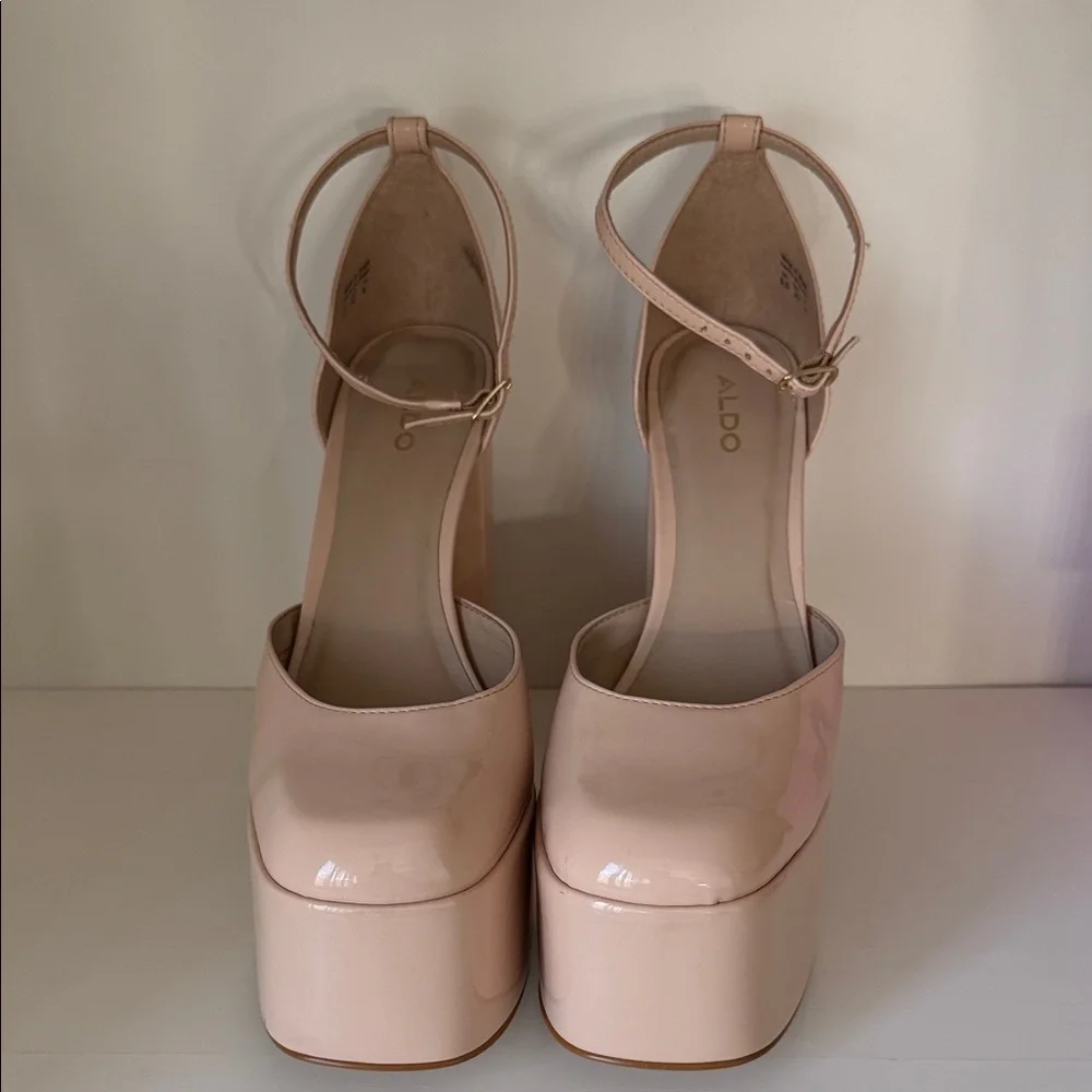 Aldo Nude Patent Platform Block Heel Pumps with Ankle Strap